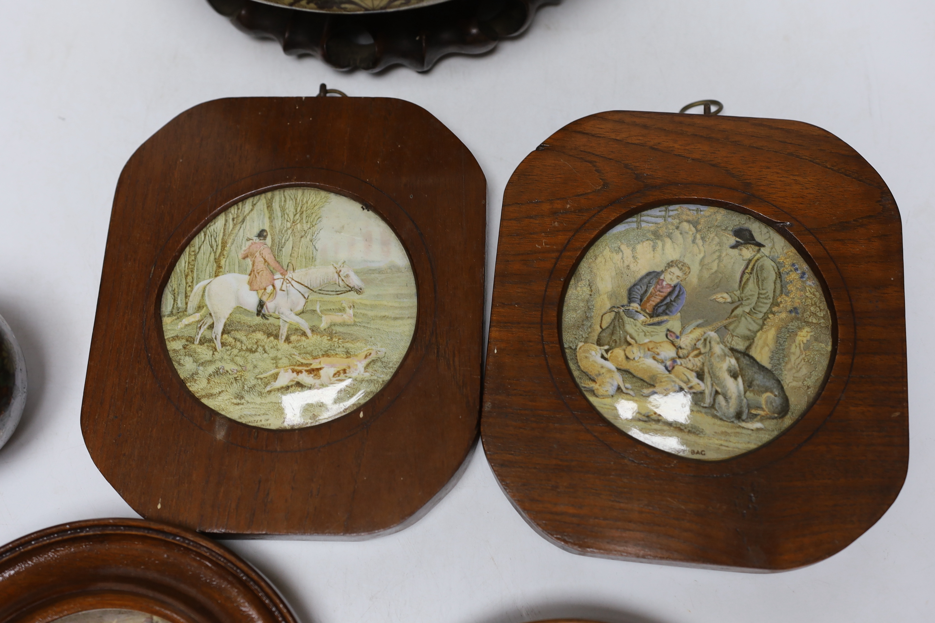 A Chinese cloisonné enamel bowl on a wooden stand, a pair of cloisonné jars with covers, and four 19th century Prattware pot lids, largest 25cm in diameter